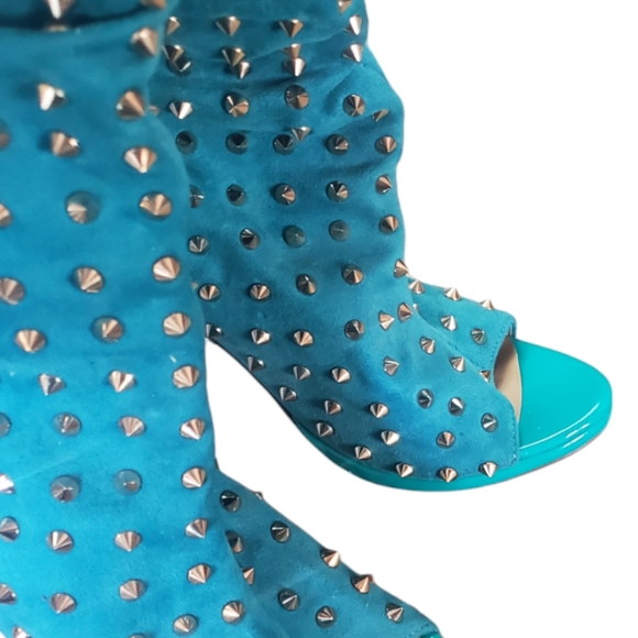 Designer Inspired Teal Studded Peep Toe High Heel Boots Size 42 - Picture 7 of 16